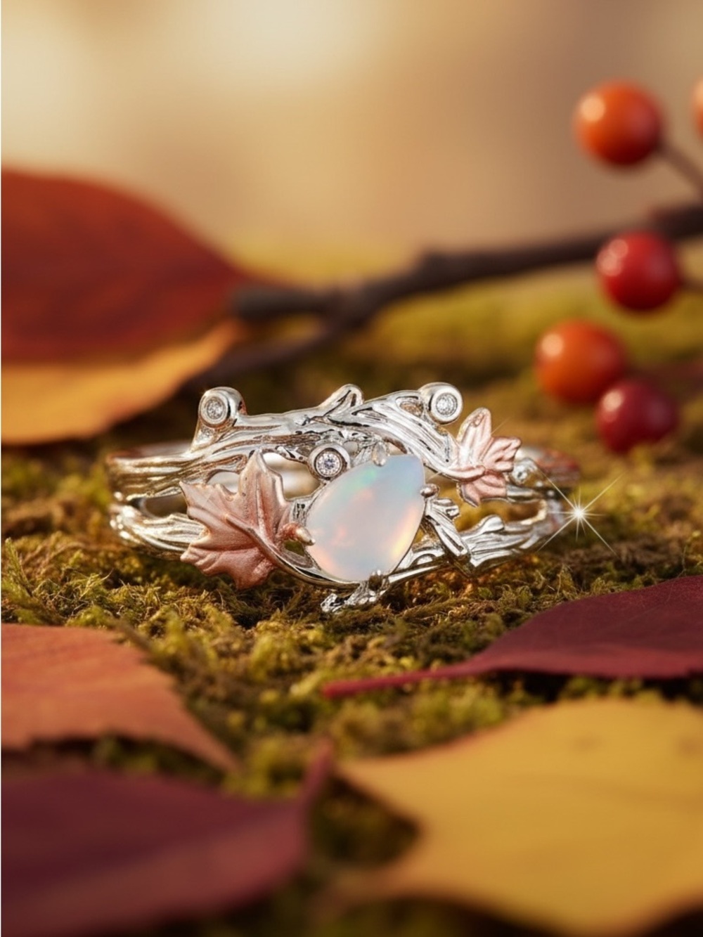 White Gold Plated Moonstone Leaf Branch Ring with CZ Accents. New.